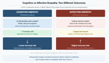 Side-by-side comparison of cognitive and affective empathy showing that cognitive empathy lowers burnout risk in medical students while affective empathy raises it, based on a 2024 BMC Medical Education systematic review