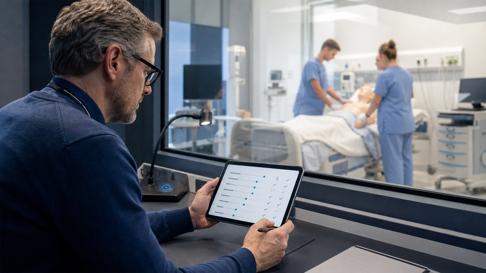 an assessor observing a simulation through one-way glass