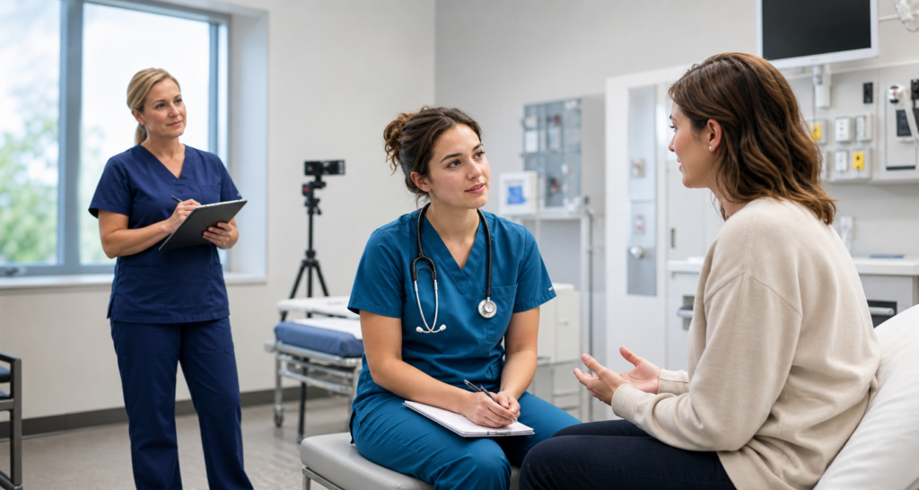 Nursing student practising communication with a patient while an educator observes the recorded simulation