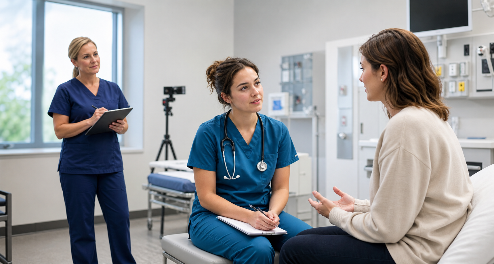 Nursing student practising communication with a patient while an educator observes the recorded simulation