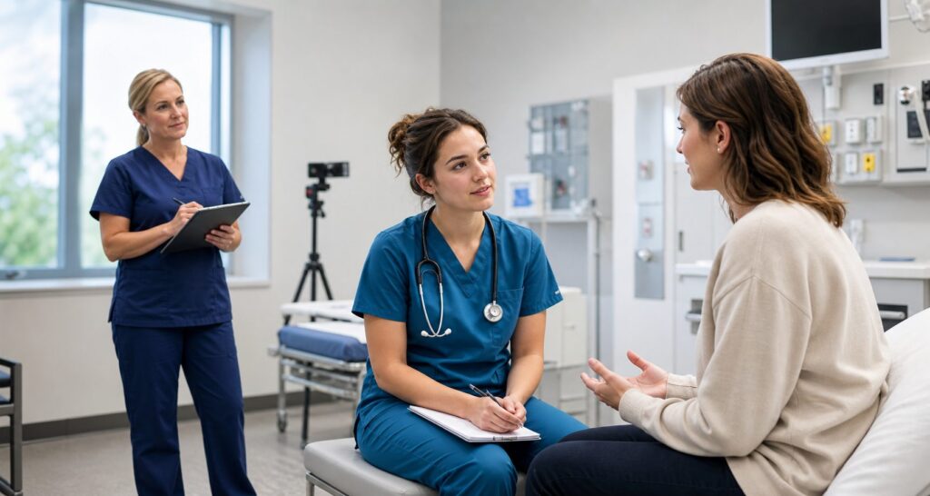 Nursing student practising communication with a patient while an educator observes the recorded simulation